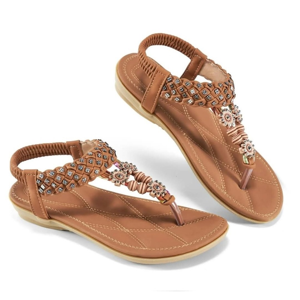 Boho Beaded Flower Flat Sandals-Brown Rhinestone Thong Slingback EU 43/US  11